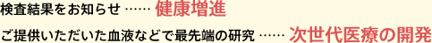 検査結果をお知らせ …… 健康増進 ご提供いただいた血液などで最先端の研究 …… 次世代医療の開発